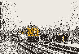 Passengers waiting for a yellow train in snowy winter, rendered in low resolution with dark, light, and yellow dots.