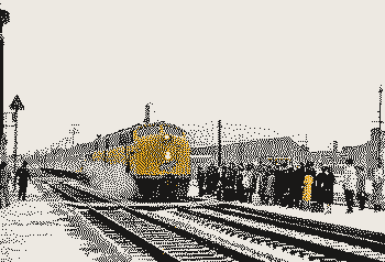 Passengers waiting for a yellow train in snowy winter, rendered in low resolution with dark, light, and yellow dots, fading at the edges.