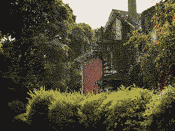 The side of a vine-covered house with a spiral staircase, obscured by vegetation, rendered in low resolution with dark, light, orange, and green dots.
